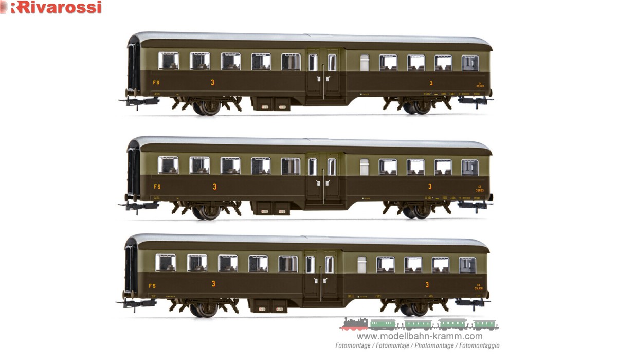 Rivarossi 4369, EAN 5063129018399: H0 DC3er Set 2-achs. 3.Klasse Reisezugwagen Corbellini 1947 FS