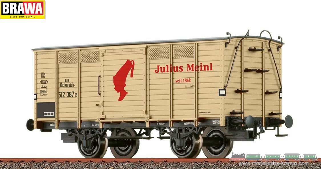 Brawa 48049, EAN 4012278480497: H0 DC Gedeckter Güterwagen G Julius Meinl der BBÖ Epoche III
