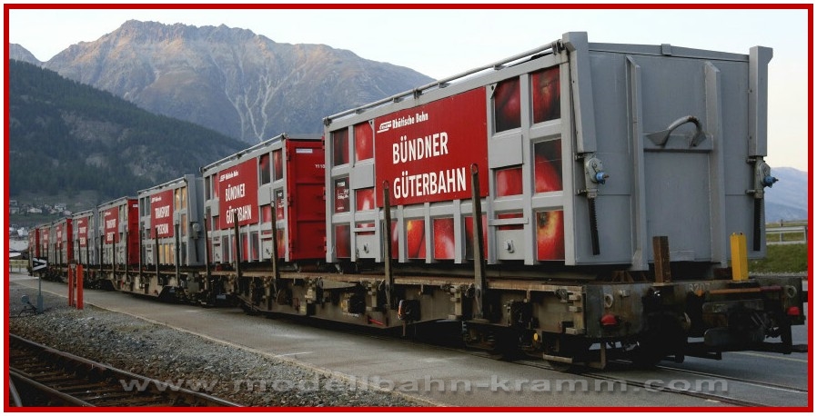 Bemo 2291127, EAN 2000075255525: H0m DC Tragwagen Bündner Güterbahn Apfel & Hafen RhB, VI