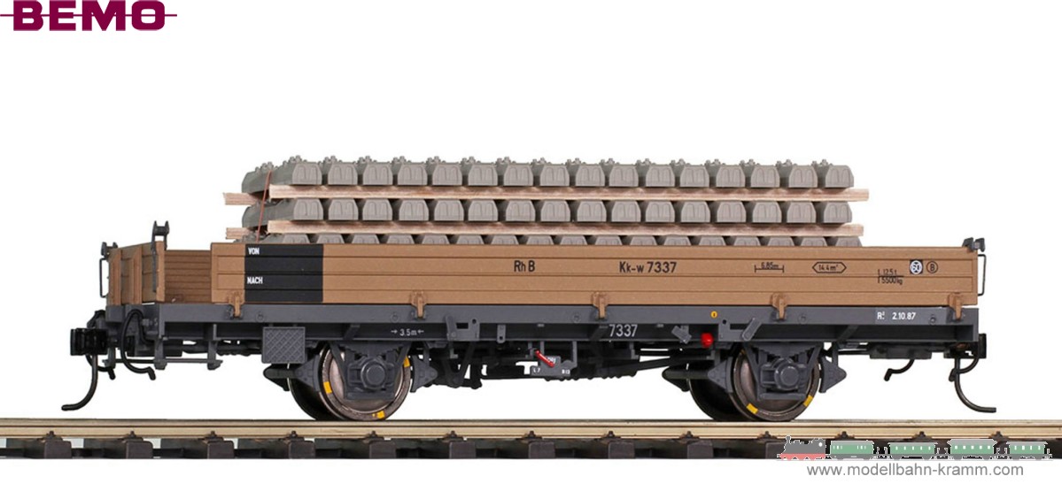 Bemo 9463101, EAN 2000075622228: Om Kk-w 7371 Niederbordwagen mit Betonschwellenladung IV-V