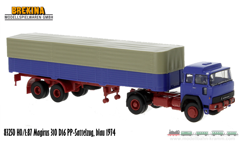 Brekina 83250, EAN 4026538832506: H0/1:87 Magirus 310 D16 PP-Sattelzug, blau 1974