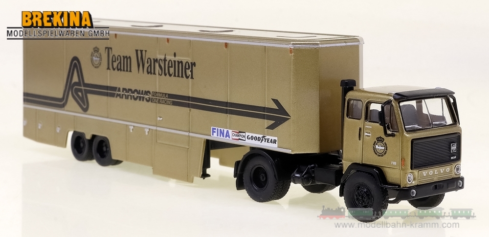 Brekina 85680, EAN 2000075610522: 1:87 Volvo F89 Renntransporter-Sattelzug Warsteiner