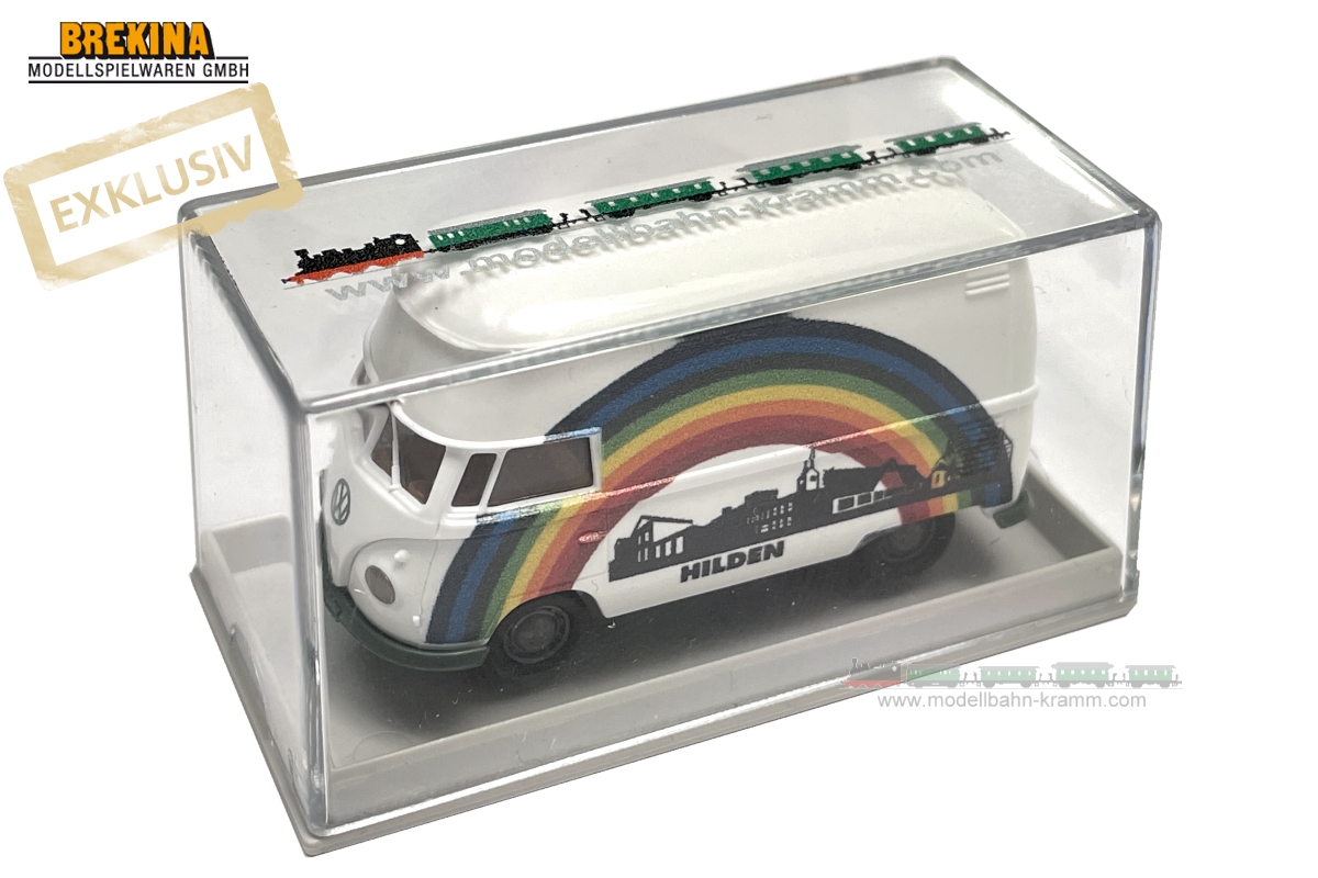 Brekina 932291, EAN 2000075307842: 1:87 VW T1 Großraumkasten Regenbogen Hilden mit Stadtsilhouette - Exklusiv für Modellbahn-Kramm