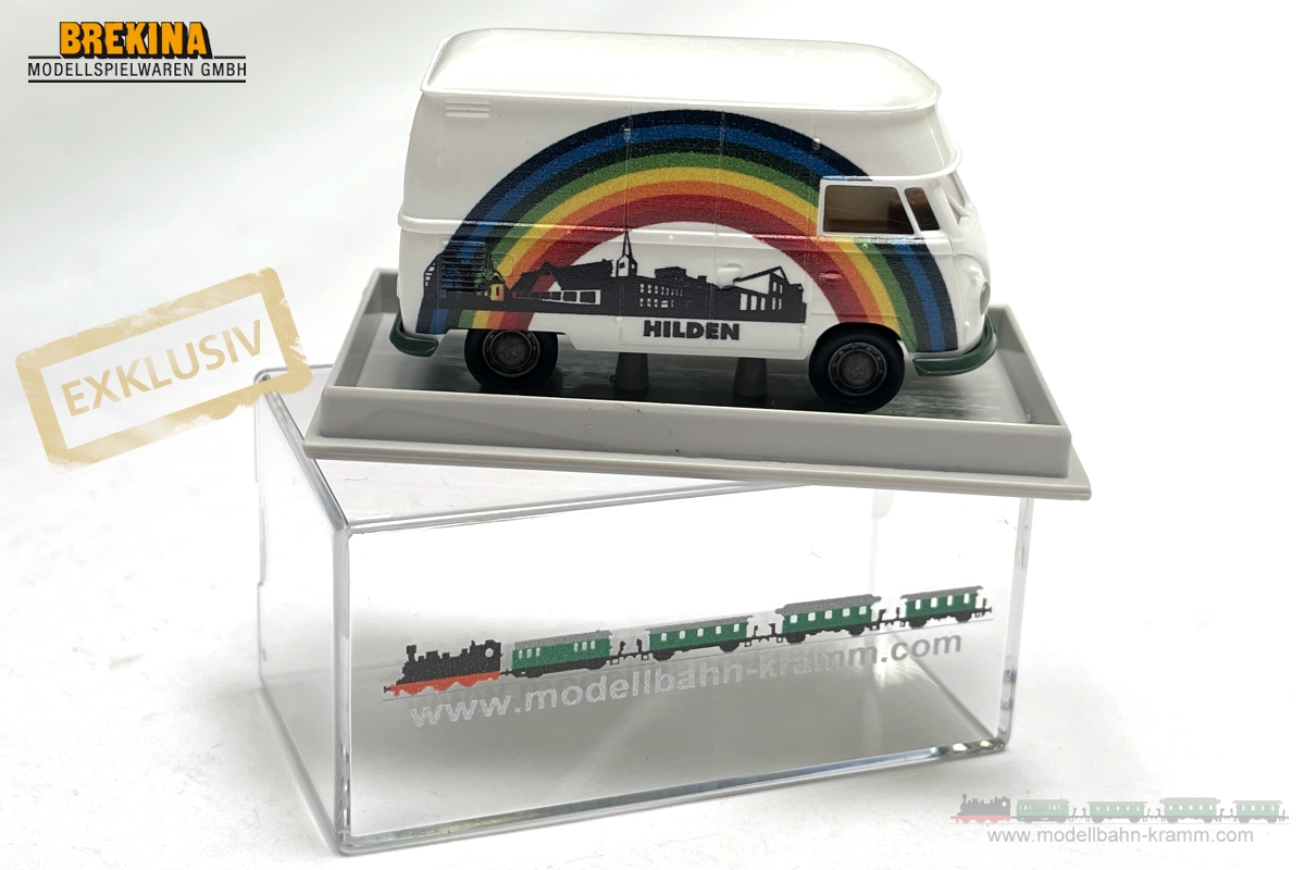 Brekina 932291, EAN 2000075307842: 1:87 VW T1 Großraumkasten Regenbogen Hilden mit Stadtsilhouette - Exklusiv für Modellbahn-Kramm