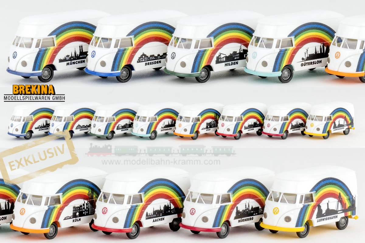 Brekina 932291, EAN 2000075307842: 1:87 VW T1 Großraumkasten Regenbogen Hilden mit Stadtsilhouette - Exklusiv für Modellbahn-Kramm