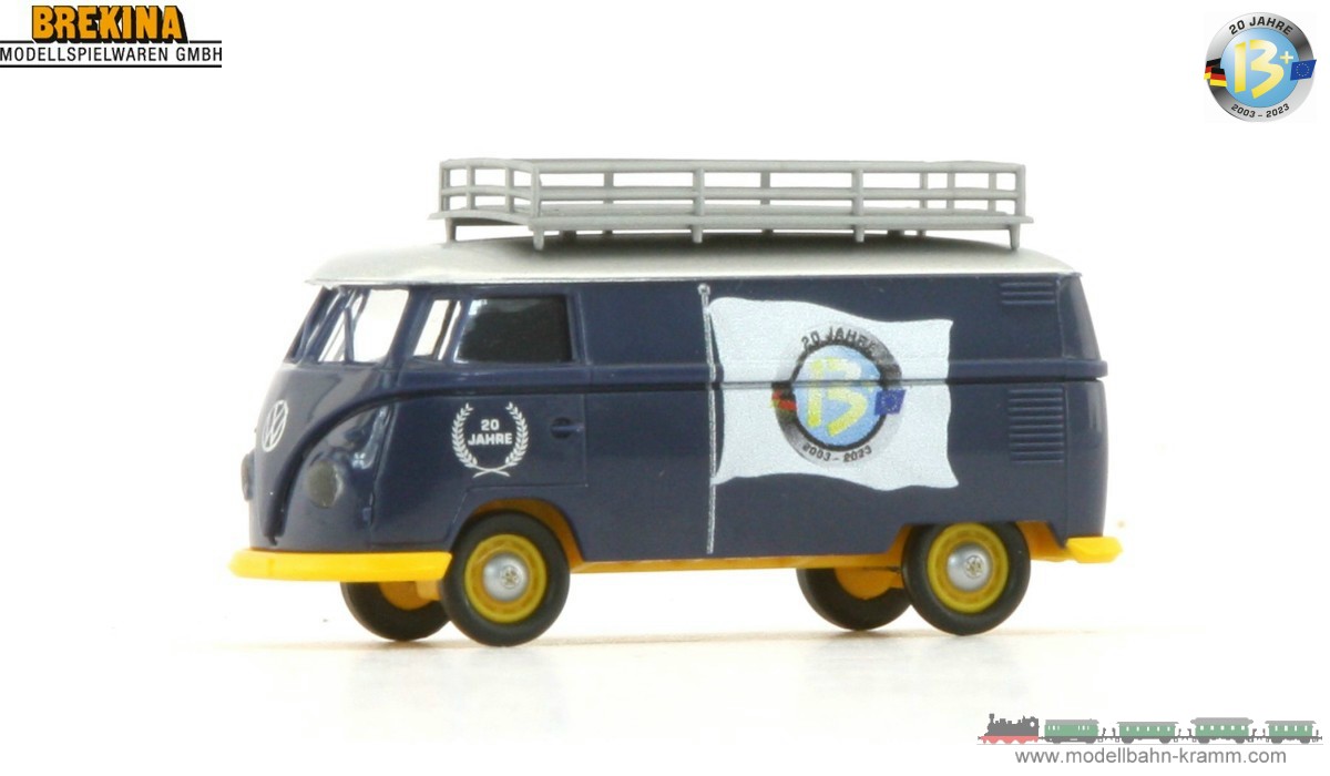 Brekina 932331B, EAN 2000075575920: H0/1:87 VW T1b Kasten mit Dachgepäckträger 20 Jahre w13plus Jubiläumsmodell 2023