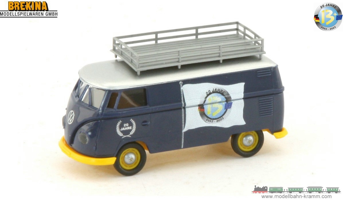 Brekina 932331B, EAN 2000075575920: H0/1:87 VW T1b Kasten mit Dachgepäckträger 20 Jahre w13plus Jubiläumsmodell 2023