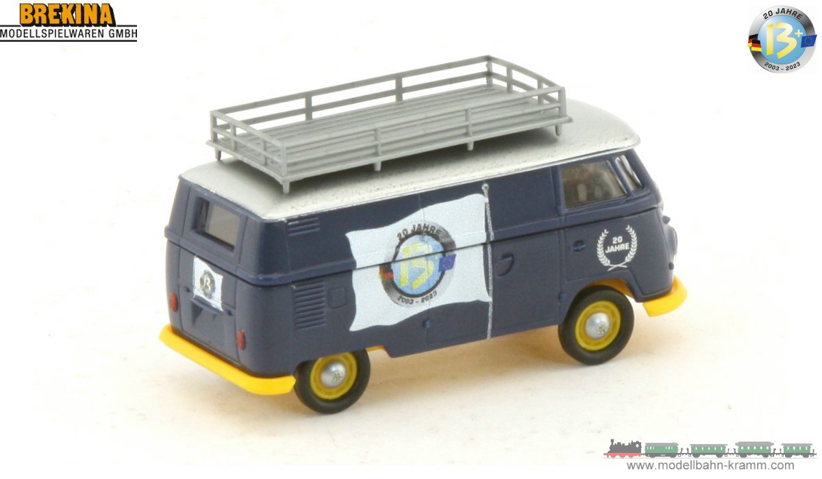 Brekina 932331B, EAN 2000075575920: H0/1:87 VW T1b Kasten mit Dachgepäckträger 20 Jahre w13plus Jubiläumsmodell 2023