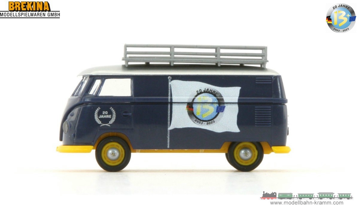 Brekina 932331B, EAN 2000075575920: H0/1:87 VW T1b Kasten mit Dachgepäckträger 20 Jahre w13plus Jubiläumsmodell 2023