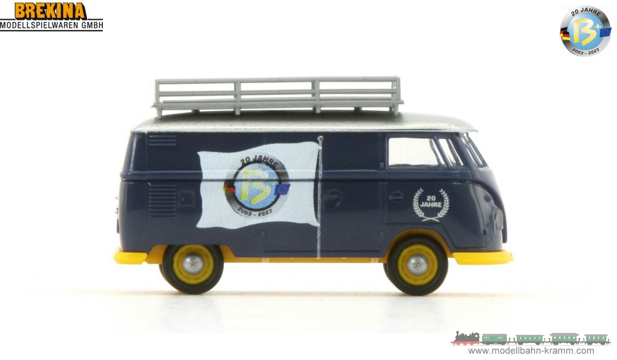 Brekina 932331B, EAN 2000075575920: H0/1:87 VW T1b Kasten mit Dachgepäckträger 20 Jahre w13plus Jubiläumsmodell 2023