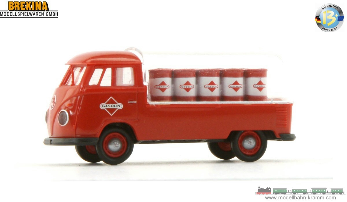 Brekina 932818, EAN 2000075575951: H0/1:87 VW T1b Pritsche mit 9 Fässern mit transparenter Plane GASOLIN