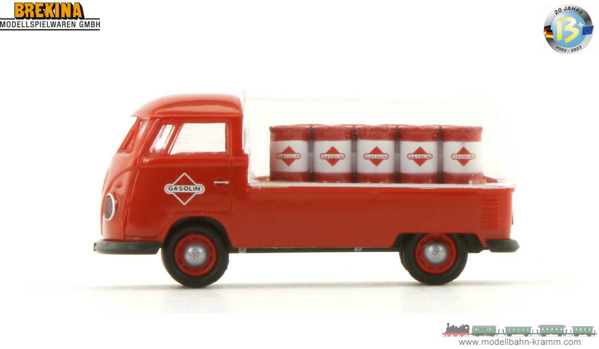 Brekina 932818, EAN 2000075575951: H0/1:87 VW T1b Pritsche mit 9 Fässern mit transparenter Plane GASOLIN