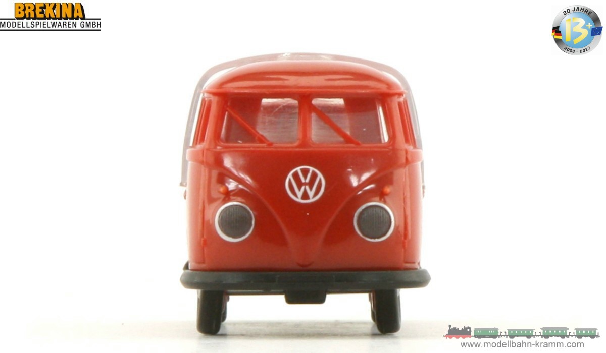 Brekina 932818, EAN 2000075575951: H0/1:87 VW T1b Pritsche mit 9 Fässern mit transparenter Plane GASOLIN