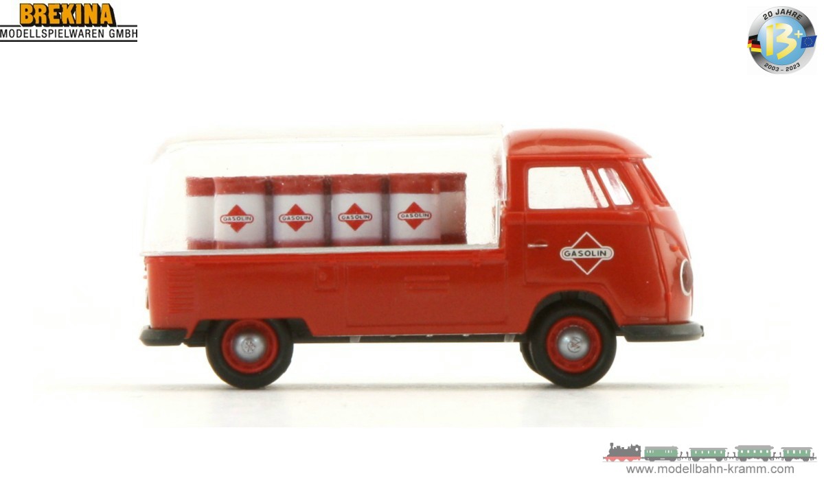 Brekina 932818, EAN 2000075575951: H0/1:87 VW T1b Pritsche mit 9 Fässern mit transparenter Plane GASOLIN