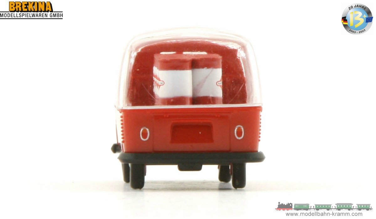 Brekina 932818, EAN 2000075575951: H0/1:87 VW T1b Pritsche mit 9 Fässern mit transparenter Plane GASOLIN