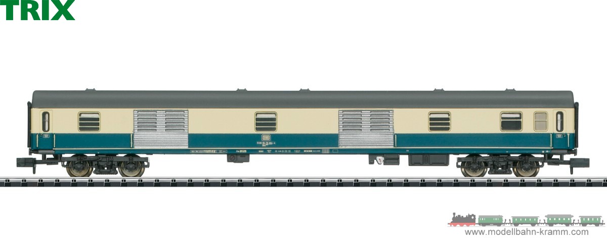 TRIX 18568, EAN 4028106185687: N Schnellzug-Gepäckwagen Bauart Dms 905 Ozeanblau/Elfenbein mit grauen Rolltoren der DB