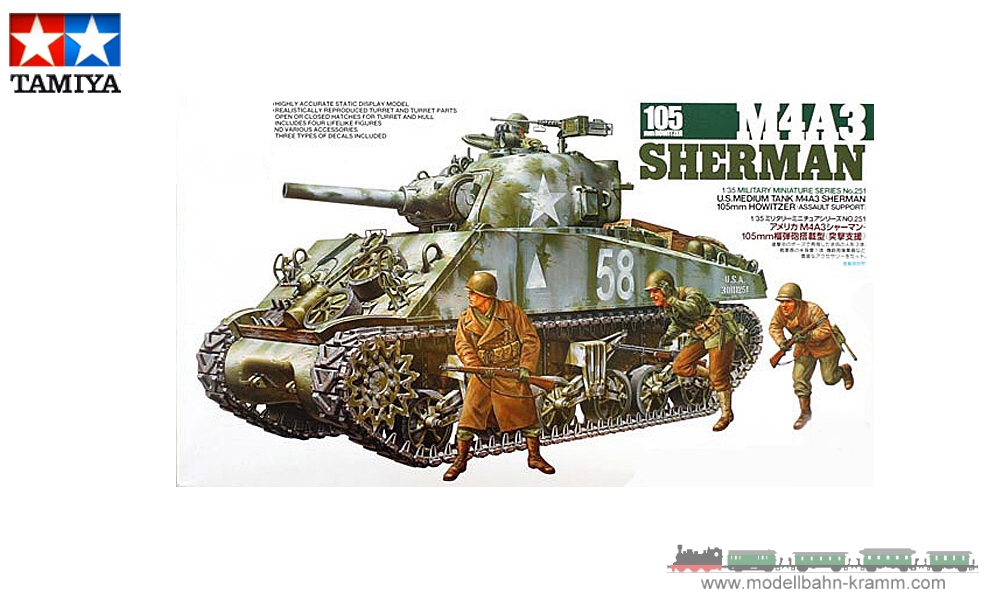 Tamiya 35251, EAN 2000000011653: 1:35 Kit, US Sherman M4A3 105mm Howitzer, with 4 figures.