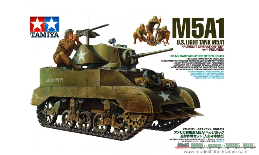 Tamiya 35313, EAN 4950344353132: 1:35 Bausatz, US M5A1 Leichter Panzer mit Mörserteam