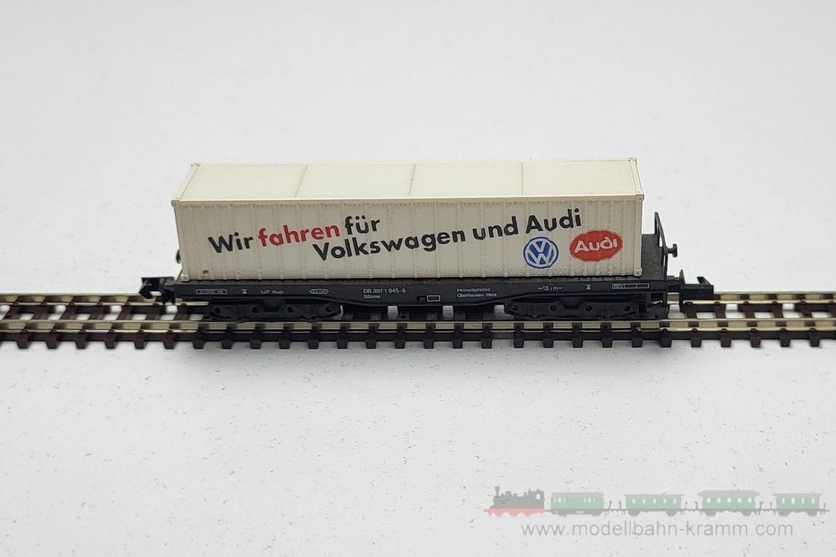 1A.Gebrauchtware 001.0070551.001, EAN 2000075654663: Arnold N 70551 Flachwagen SSkms 4-achsig schwarz mit Container Wir fahren für VW und Audi DB
