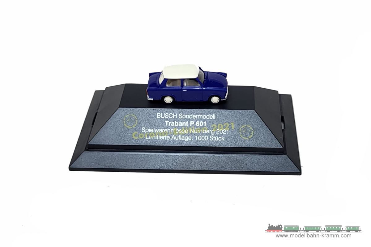 1A.Gebrauchtware 069.0002021.002, EAN 2000075560742: Busch H0 2021 Messemodell 2021 Trabant P601 in blau mit Cremefarbenem Dach