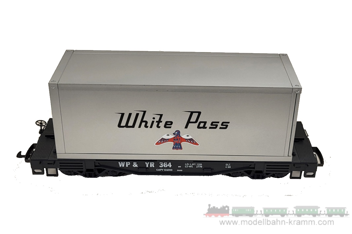 1A.Gebrauchtware 501.0004085.001, EAN 2000075602930: LGB G DC 4085 Containertragwagen 4-achsig mit Container White Pass silber US
