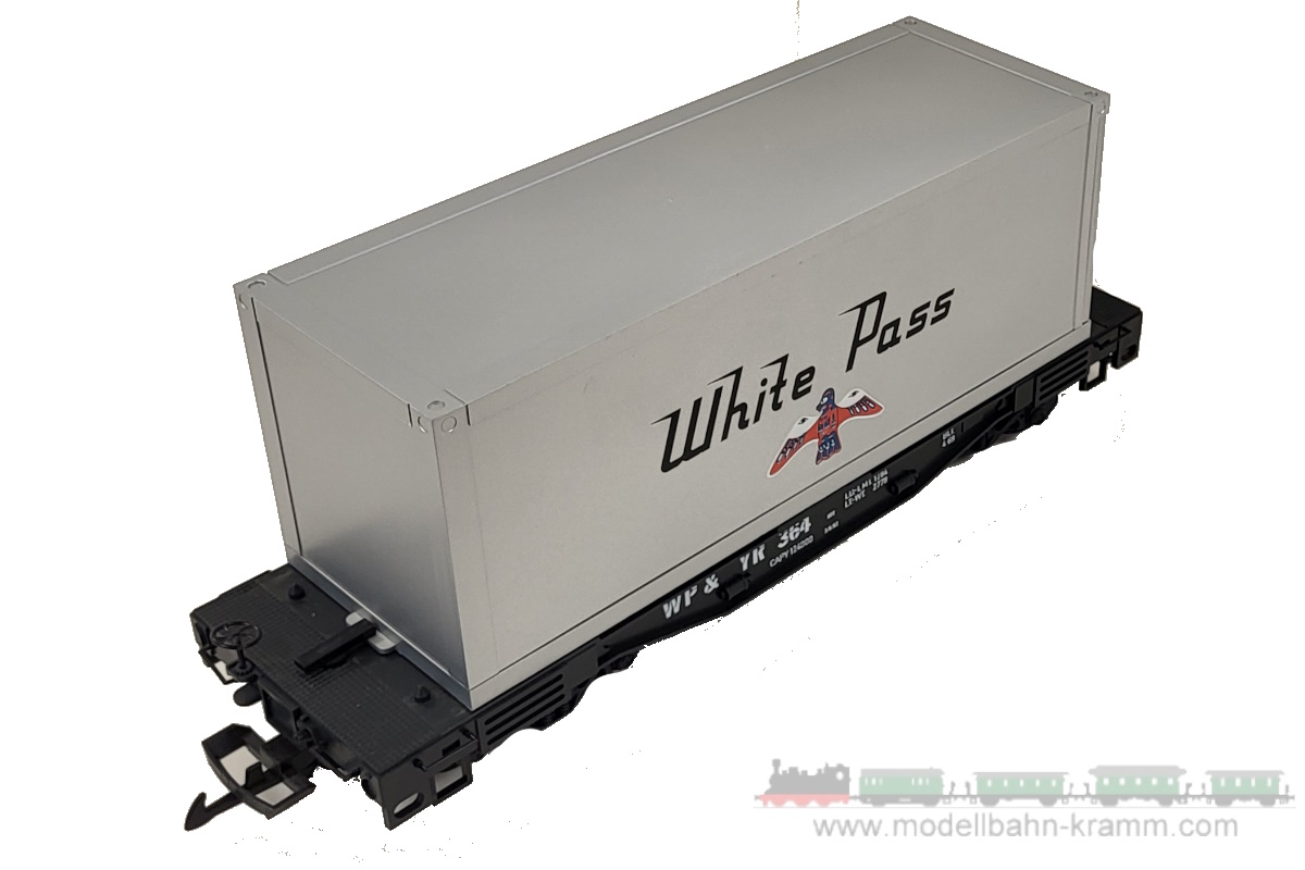1A.second hand goods 501.0004085.001, EAN 2000075602930: LGB G DC 4085 Containertragwagen 4-achsig mit Container White Pass silber US