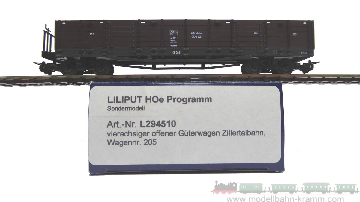 1A.second hand goods 503.0294510.001, EAN 2000075476302: Liliput H0e L294510 offener Güterwagen 4-achsig braun Zillertalbahn