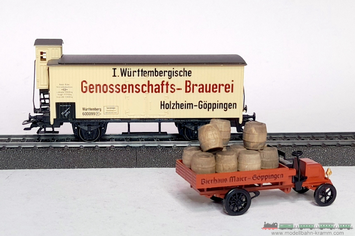 1A.Gebrauchtware 540.0047948.001, EAN 2000075534446: Märklin H0 AC 47948 Ged. Güterwagen Brauerei Holzheim Göppingen+LKW   K.W. St.E