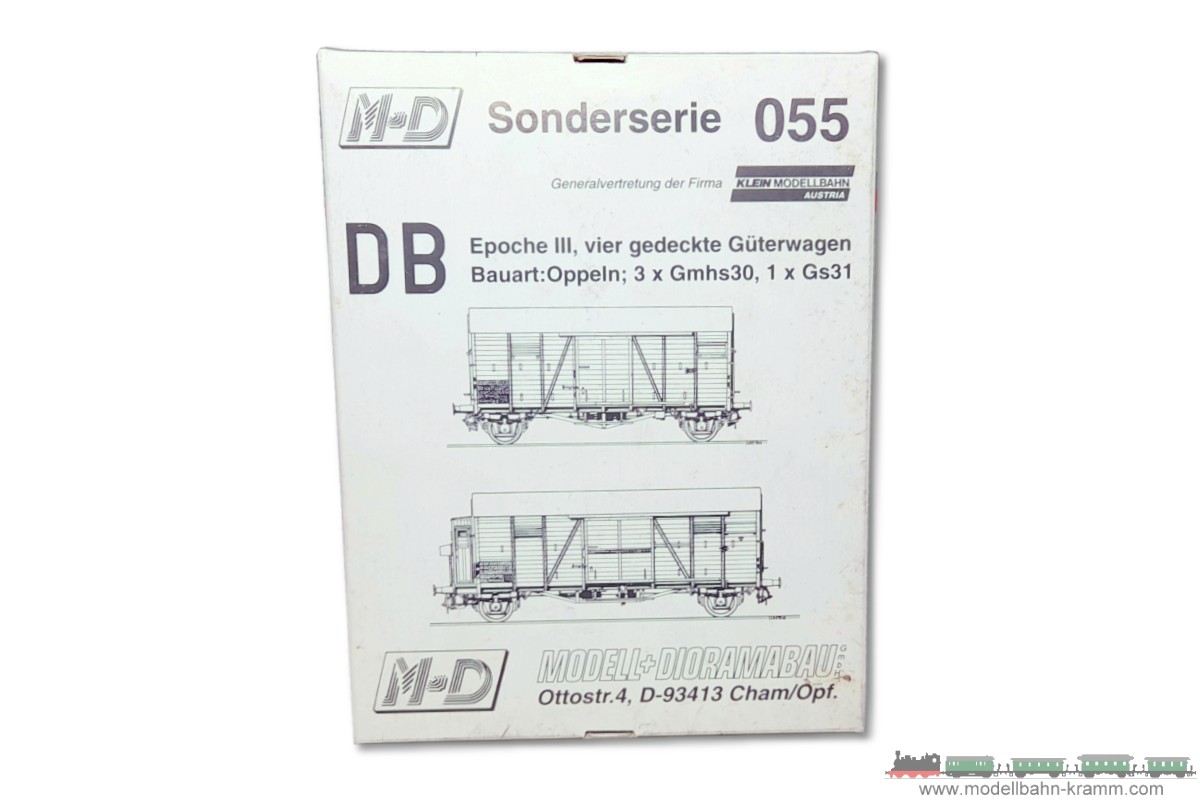 1A.second hand goods 600.0000055.001, EAN 2000075553522: M&D H0 DC 055 Güterwagenset Oppeln 4-teilig braun DB