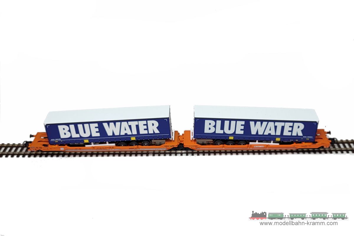 1A.Gebrauchtware 711.0077387.001, EAN 2000075567628: Roco H0 DC 77387 Doppeltaschen-Gelenkwagen mit 2 LKW-Aufliegern Blue Water Wascosa