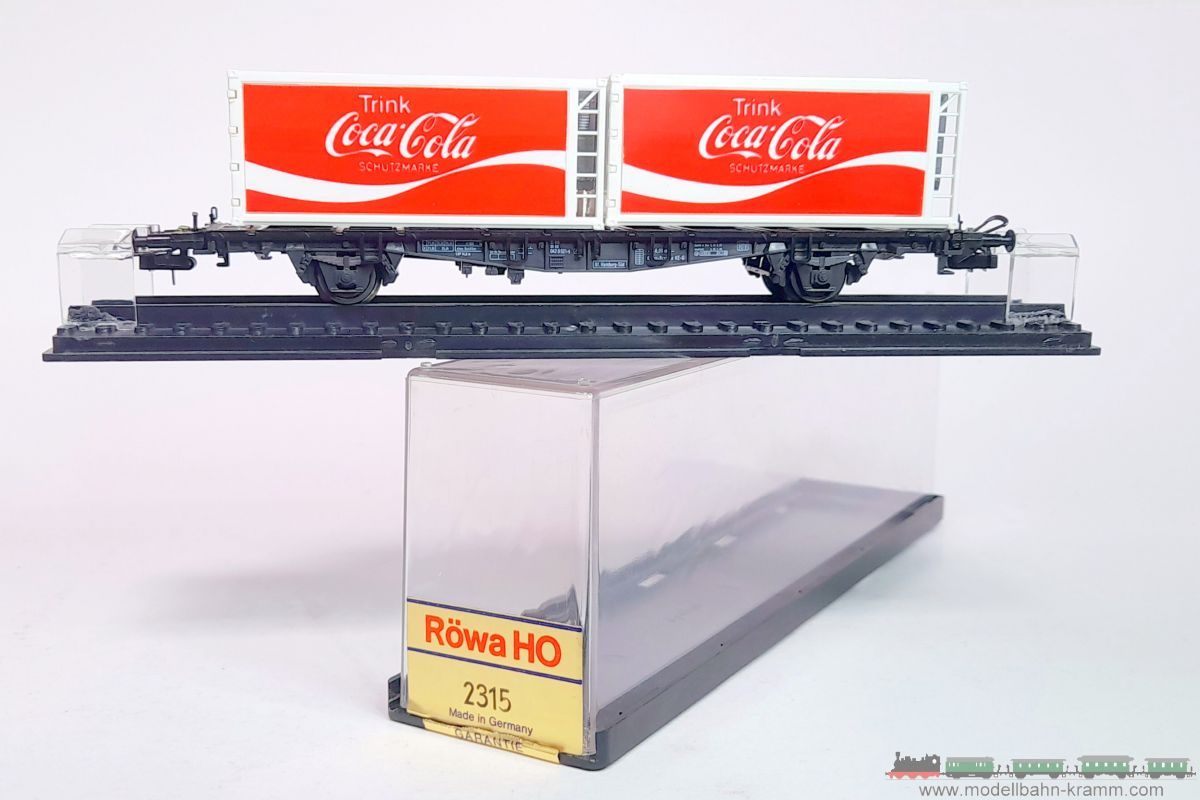 1A.second hand goods 743.0002315.001, EAN 2000075548429: Röwa H0 DC 2315 Containertragwagen Coca Cola DB