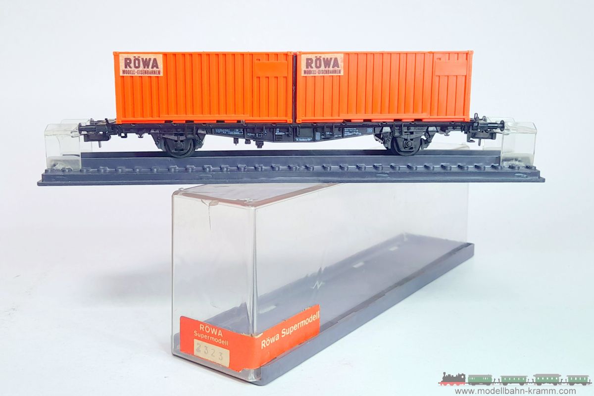 1A.second hand goods 743.0002323.001, EAN 2000075548450: Röwa H0 DC 2323 Containertragwagen RÖWA orange DB