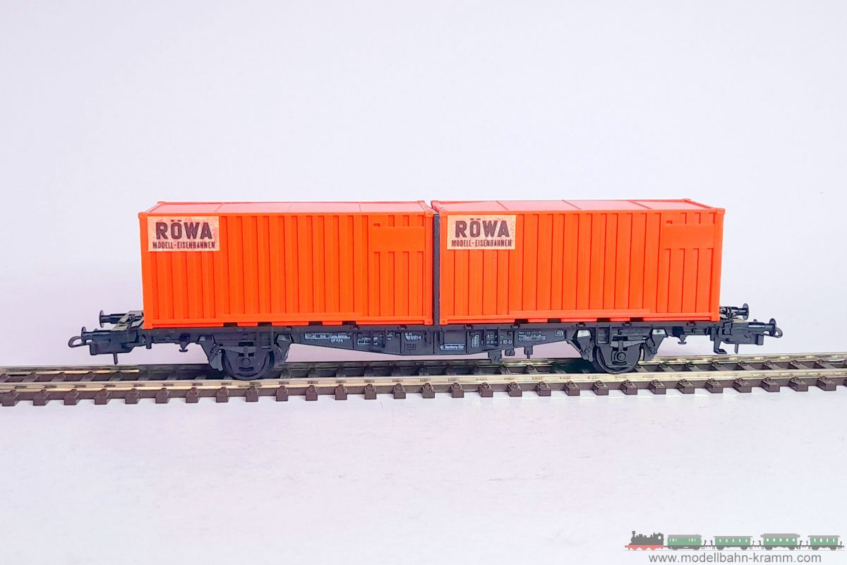 1A.second hand goods 743.0002323.001, EAN 2000075548450: Röwa H0 DC 2323 Containertragwagen RÖWA orange DB