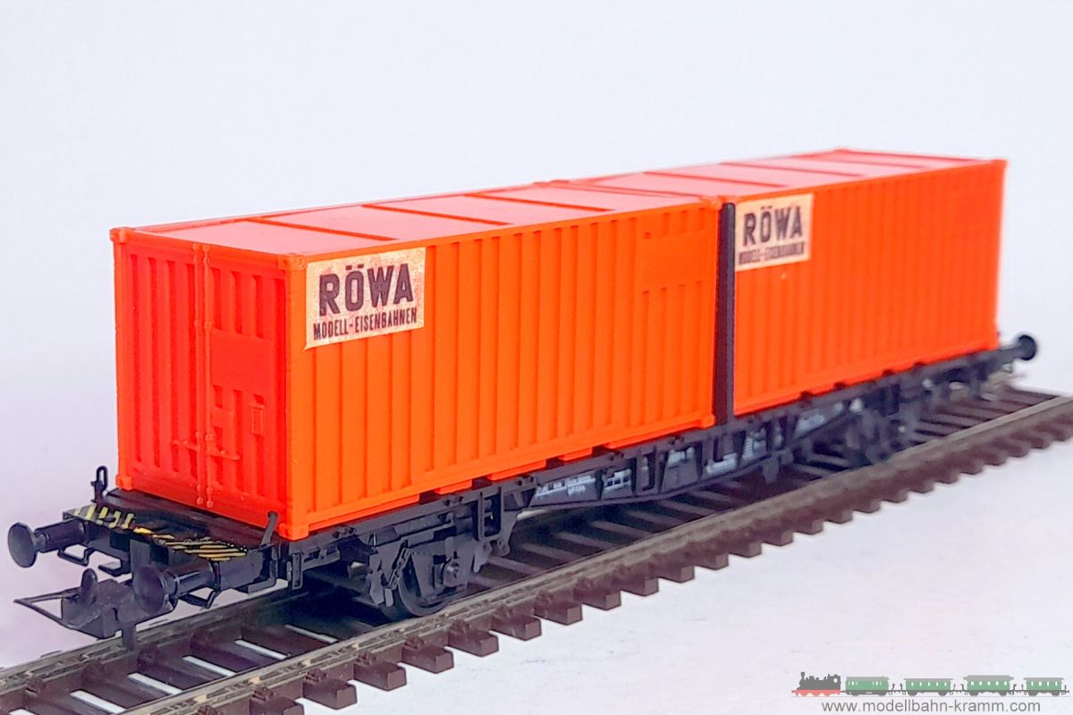 1A.Gebrauchtware 743.0002323.001, EAN 2000075548450: Röwa H0 DC 2323 Containertragwagen RÖWA orange DB