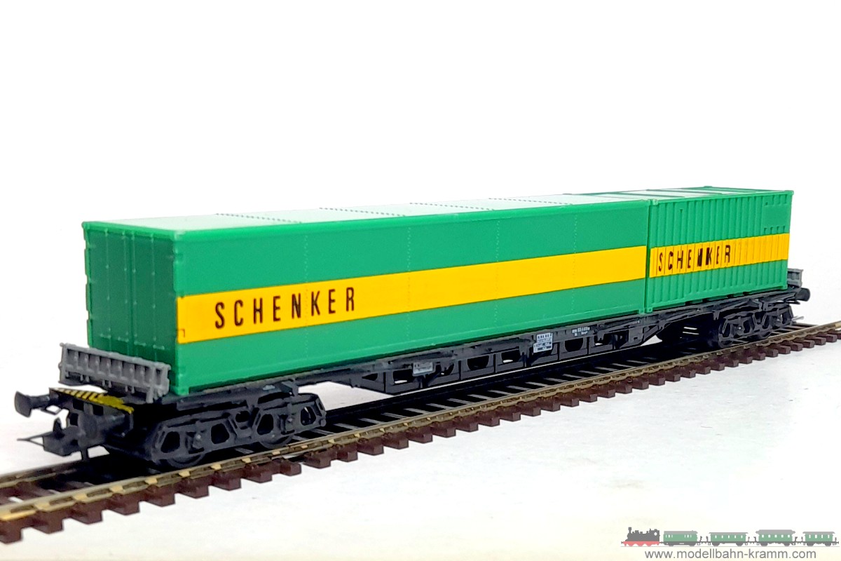 1A.second hand goods 743.0002406.001, EAN 2000075557841: Röwa H0 DC 2406 Schwenkrungenwagen 4-achsig mit 2x Schenker 20ft. Containern DB