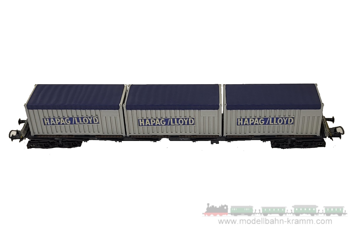 1A.second hand goods 743.0002412.002, EAN 2000075579188: Röwa H0 DC 2412 Schwenkrungenwagen 4-achsig mit 3x Hapag-Lloyd 20ft. Containern DB