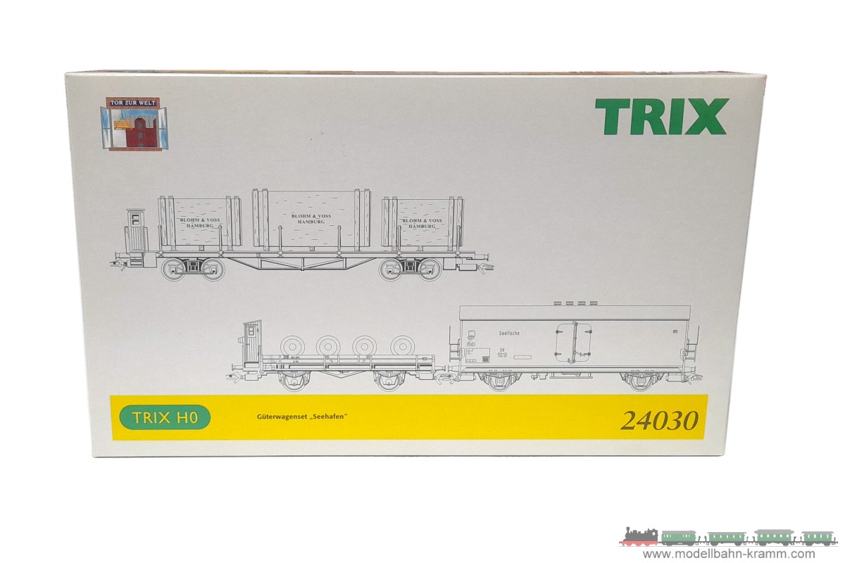 1A.Gebrauchtware 870.0024030.001, EAN 2000075448316: H0 DC analog Trix 24030 Güterwagenset ´Seehafen´ 3 teilig DB