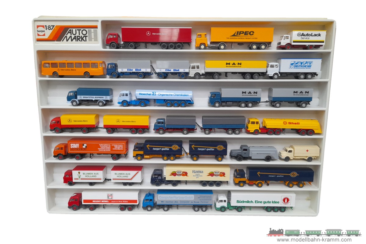 1A.Gebrauchtware 940.0001023.001, EAN 2000075462909: Wiking H0 Herpa-Kunststoffsammelbox mit 23 Wiking-LKW