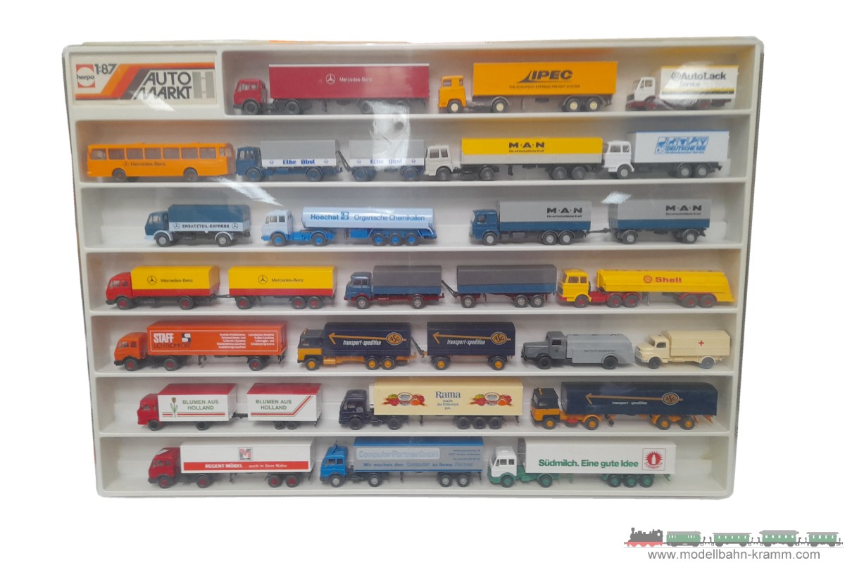 1A.Gebrauchtware 940.0001023.001, EAN 2000075462909: Wiking H0 Herpa-Kunststoffsammelbox mit 23 Wiking-LKW