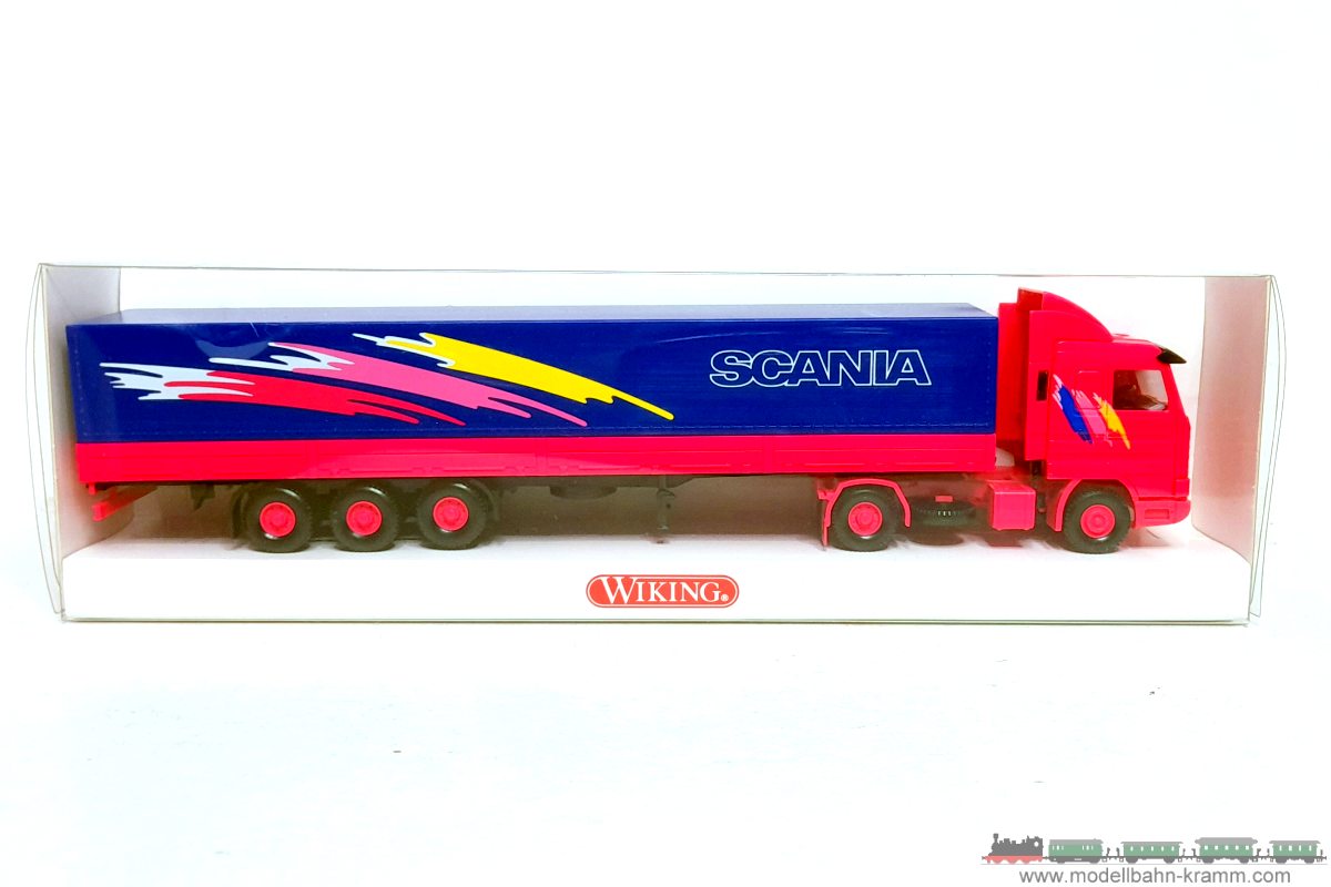 1A.Gebrauchtware 940.0051802.001, EAN 2000075556752: Wiking H0 0051802 SCANIA Pritschen Sattelzug pink/blau