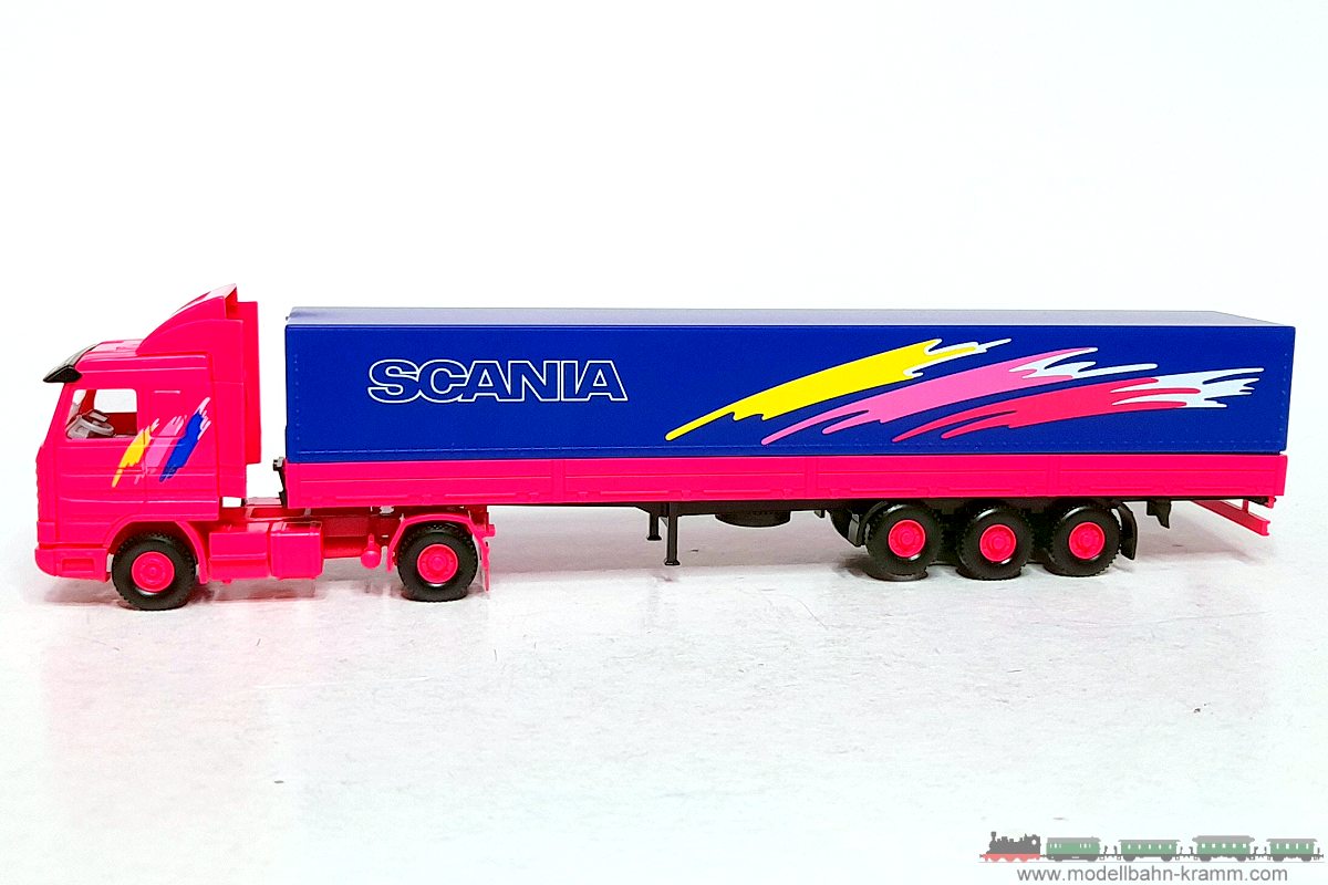 1A.second hand goods 940.0051802.001, EAN 2000075556752: Wiking H0 0051802 SCANIA Pritschen Sattelzug pink/blau