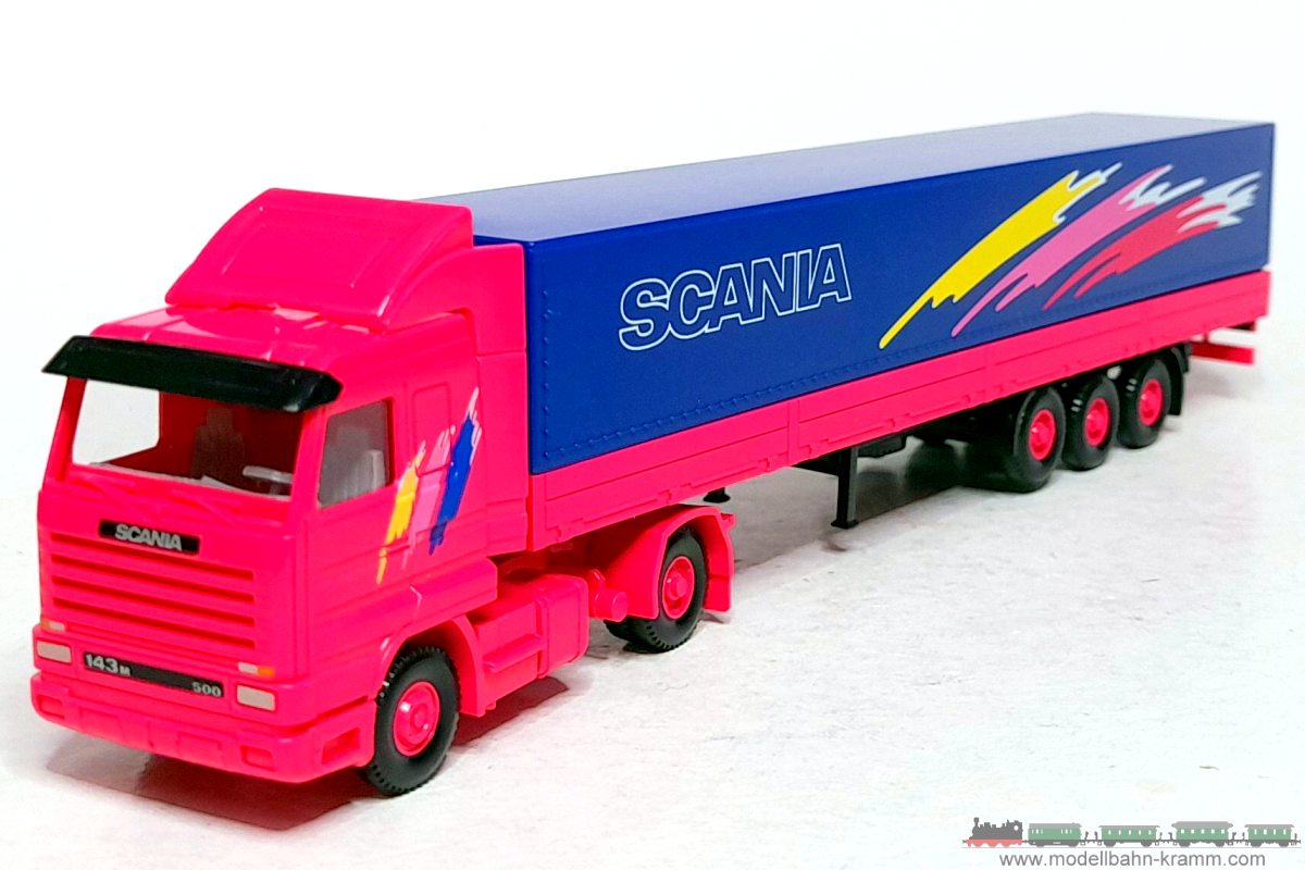 1A.second hand goods 940.0051802.001, EAN 2000075556752: Wiking H0 0051802 SCANIA Pritschen Sattelzug pink/blau