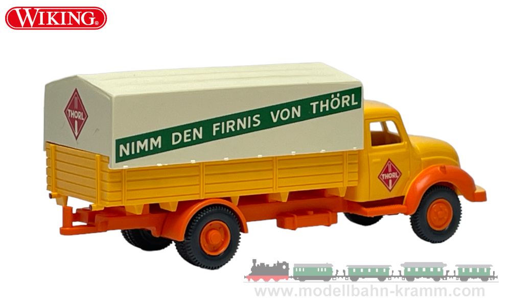 Wiking 042003, EAN 4006190420037: 1:87 Magirus 3500 Pritschen-LKW mit Plane, sonnengelb, Öhlmühle Thörl