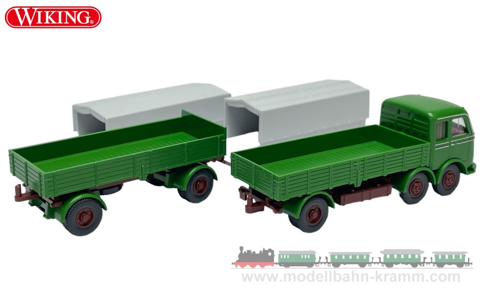 Wiking 042905, EAN 4006190429054: 1:87 Mercedes-Benz LP 333 Pritschenhängerzug (3a/2a) mit Planen, grasgrün