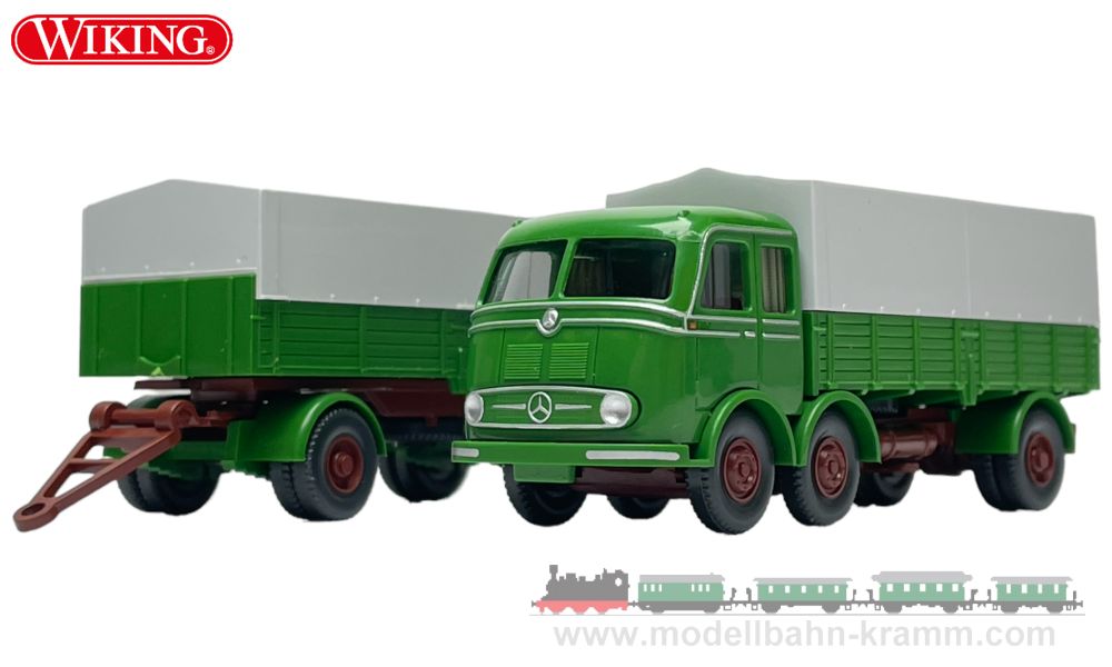 Wiking 042905, EAN 4006190429054: 1:87 Mercedes-Benz LP 333 Pritschenhängerzug (3a/2a) mit Planen, grasgrün